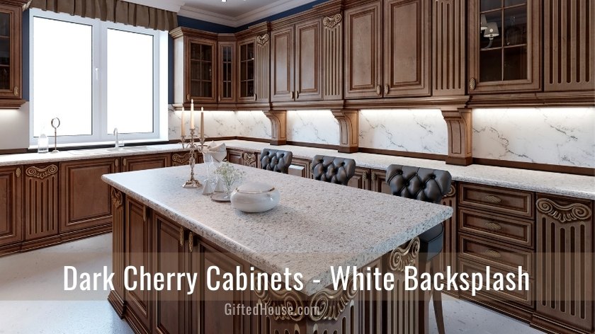 Dark Cherry cabinets with white backsplash